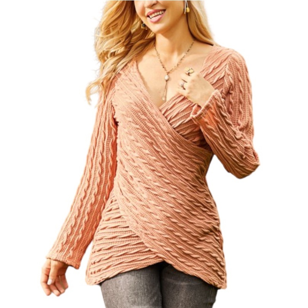 Wrap-Front Cable Knit V-Neck Sweater in Peach